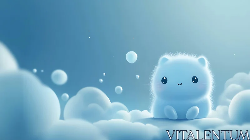 Fluffy blue creature sitting among soft rounded clouds.