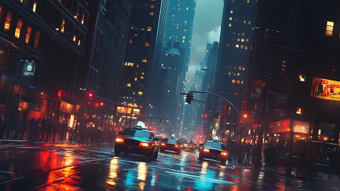 Nocturnal city taxis crossing neon reflections in rain-soaked streets.