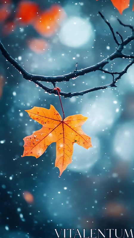 Macro optical study of single maple leaf in shallow snowfall.