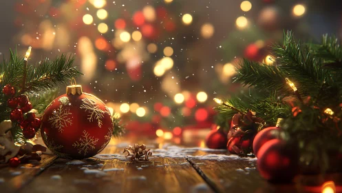 Red ornament and evergreen branches on wooden surface.