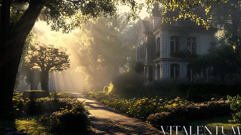 Morning sun rays illuminate elegant villa garden path
