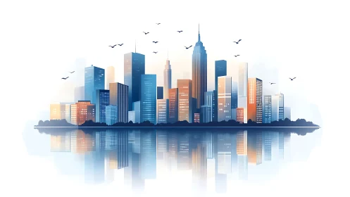 Stylized city skyline is reflected symmetrically in calm water