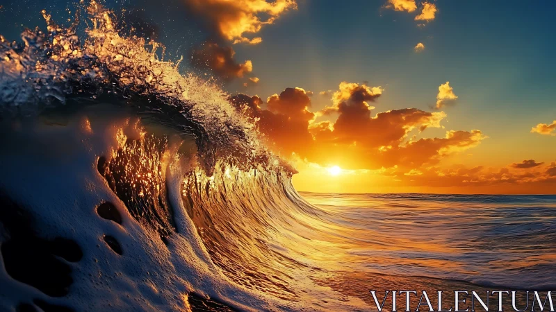 Sunlit ocean wave curls toward radiant horizon at sunset