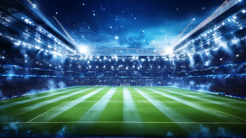 Floodlit football coliseum glowing under electric night sky.