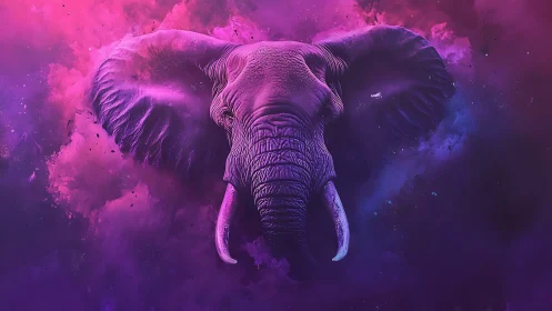 Purple elephant head emerging from smoky cosmic cloud.