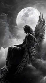 Winged female figure seated before full moon in clouds.