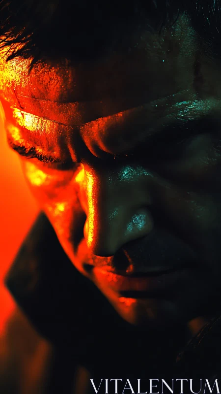 Intense close up of man&rsquo;s face lit by harsh orange light.