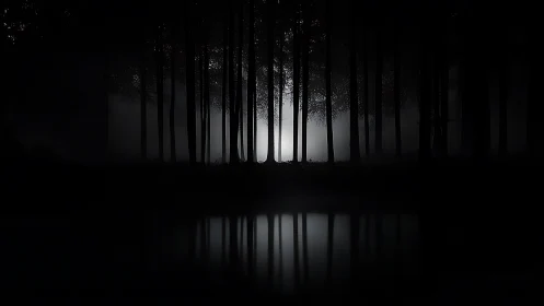 Moonlit forest silhouettes reflect over still black water