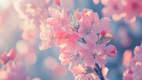 Pink Cherry Blossoms Backlit by Golden Sunlight.