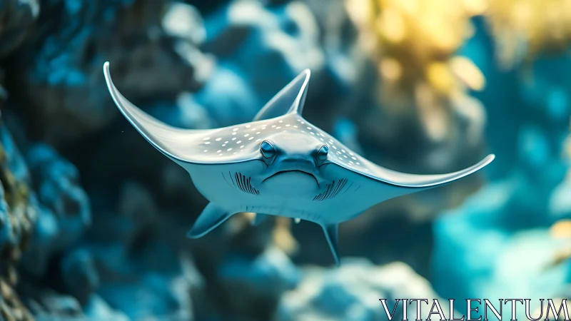 Spotted manta ray glides through glowing coral reef seascape.