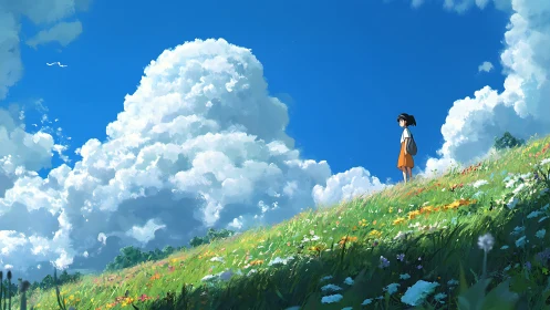 Soft summer clouds watch a quiet child on a wildflower hill