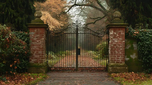Rusty autumn garden gate guarding a misty secret path.