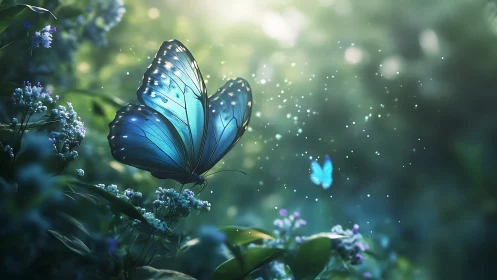 Blue butterfly rests on flowers in softly lit garden setting