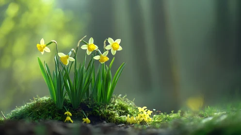 Spring Daffodils on Moss: Botanical Depth of Field Composition.