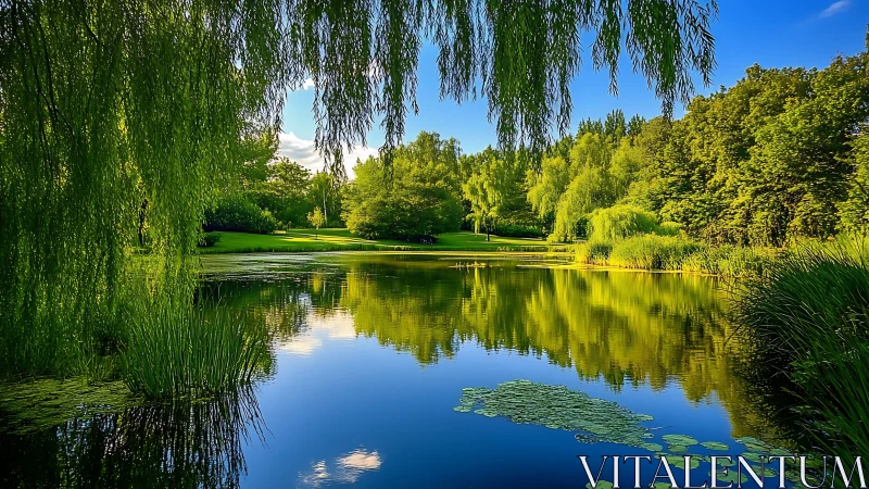 Gentle willow reflections over a sunlit summer pond.