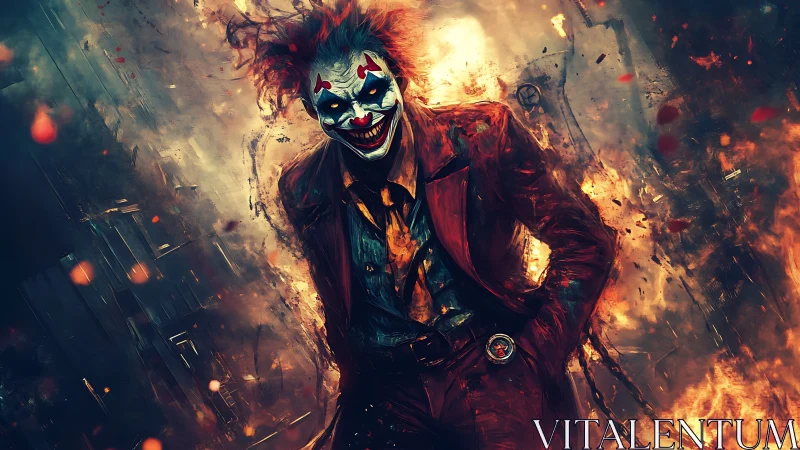 Sinister clown strides through roaring urban inferno