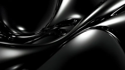 Curved reflective black fluid forms in abstract composition.