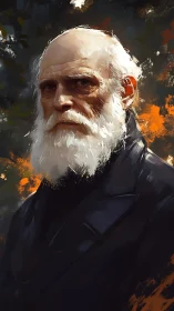 Stoic white-bearded sage emerges from stormy brushstrokes