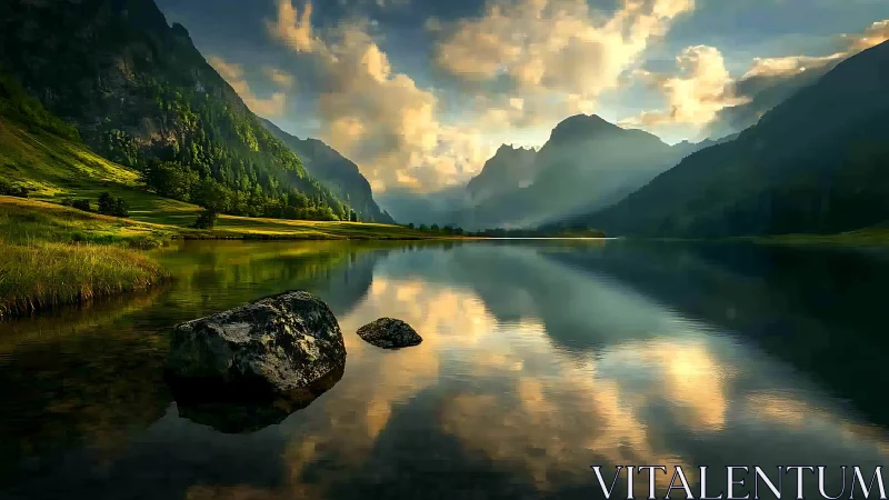 Golden hour mountain lake reflects dramatic glowing clouds