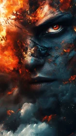 Fiery cosmic face emerging from swirling smoke and stars.