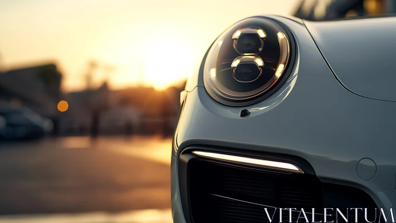Close-up of modern sports car headlight at city sunset.