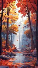 Forest stream through autumn canopy with falling leaves.