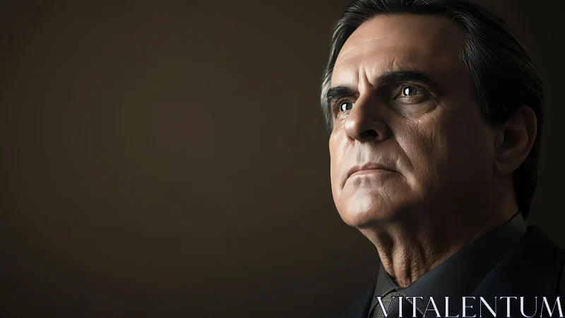 Strong gaze of an older man shines against a dark backdrop