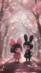 Kawaii girl and bunny stroll beneath dreamy cherry blossoms.