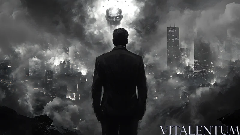 Solitary executive facing ominous specter above cityscape.