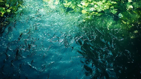 Surface patterns on clear water beside dense green foliage.