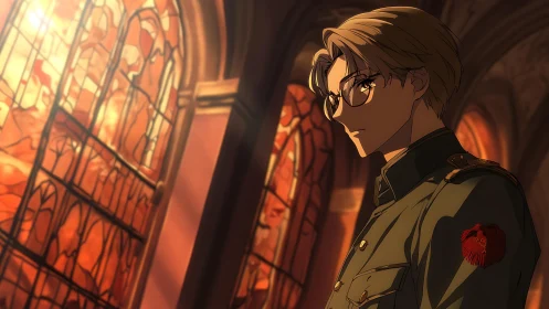 Quiet soldier in golden light beside glowing stained glass.