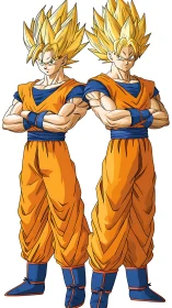 Twin golden-haired warriors in crossed-arms power stance.