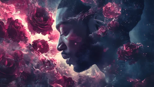Digital male profile merged with floating roses in nebula field.