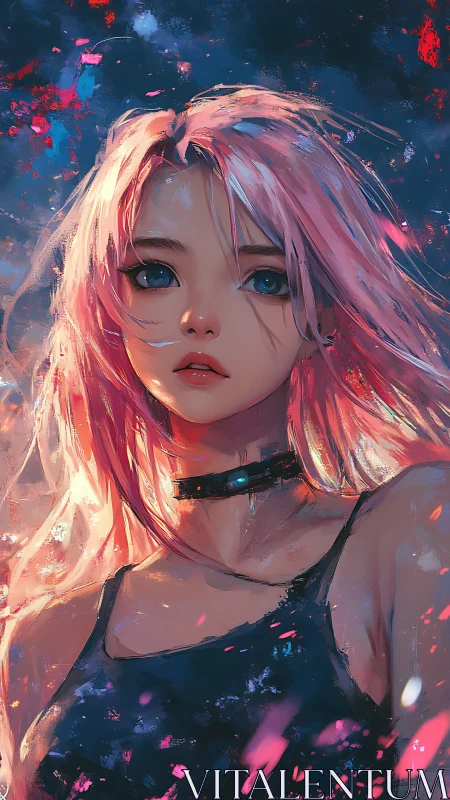 Neon-haired anime heroine glows amid drifting cosmic sparks.