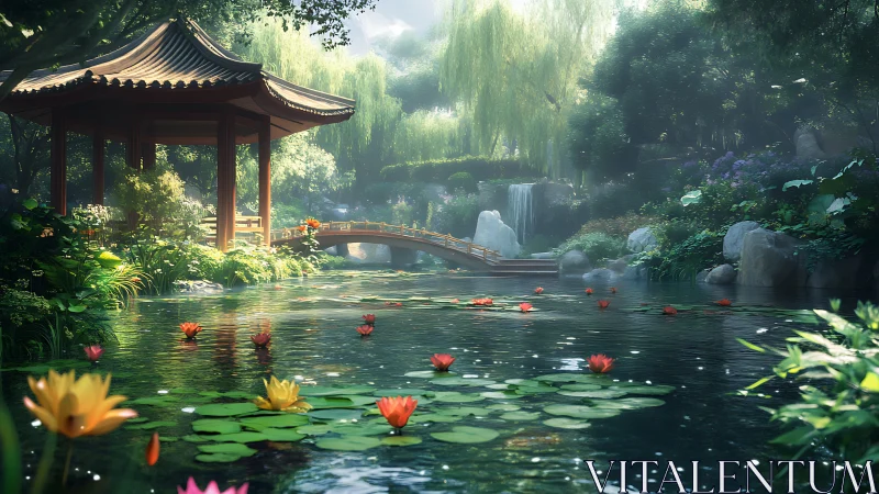 Digital painting of serene pagoda garden with lotus pond.