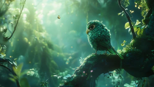 Feathered forest dreamling studies a drifting golden butterfly