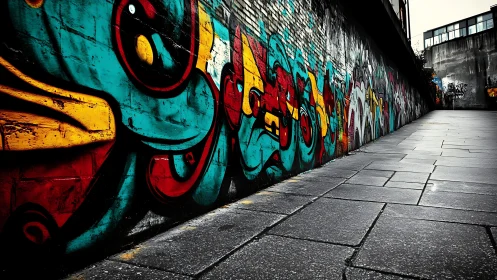 High-saturation graffiti mural lines receding urban alley perspective