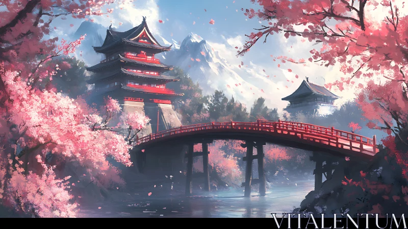 Cherry blossom bridge framing tranquil mountain temples.