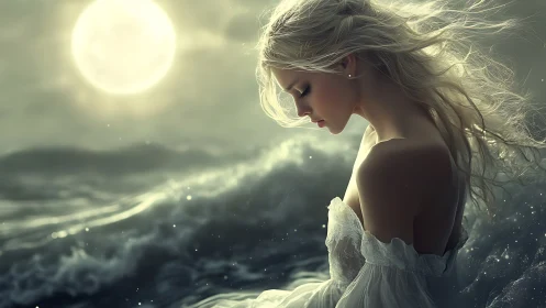 Moonlit ocean portrait with ethereal feminine silhouette.