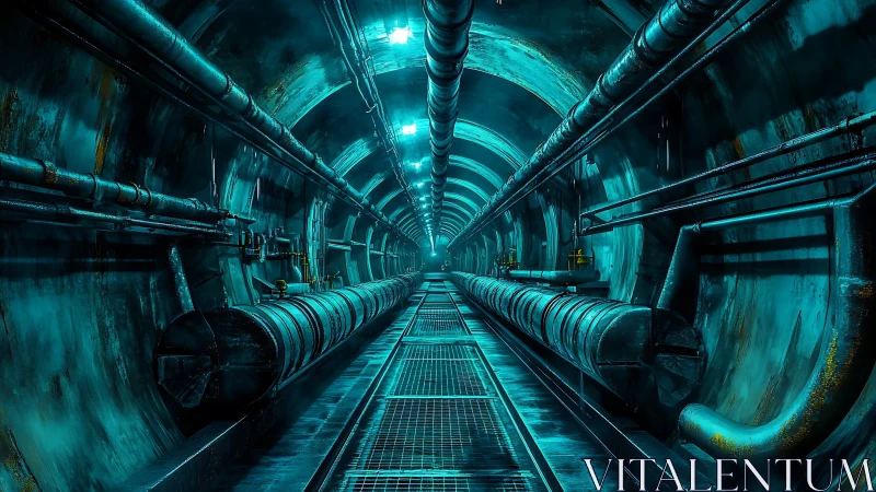 Cyan-illuminated industrial tunnel with converging pipelines.