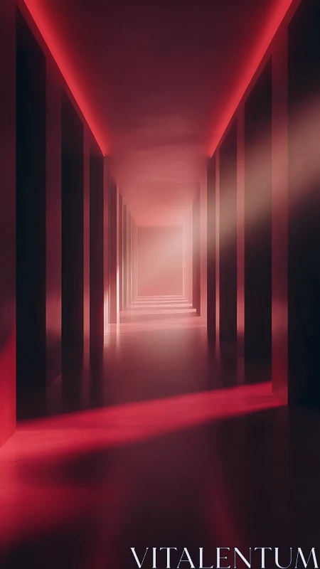 Crimson neon corridor stretches into a misty, infinite hush.