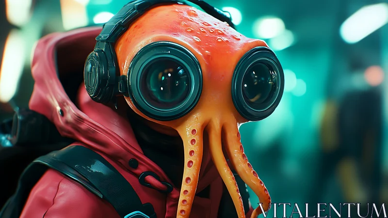 Cyber squid explorer gazes through oversized tech goggles.