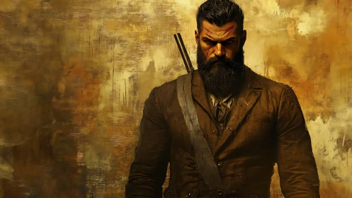 Battle-worn wanderer stands strong against a fiery dusk haze