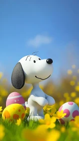 Playful cartoon beagle amid glossy Easter eggs in bloom.