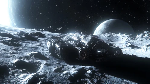 Starship lounges on moonlit regolith beneath twin giants