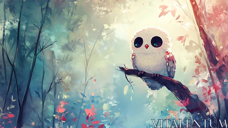 Cute white owl with big eyes on a branch, whimsical digital art.