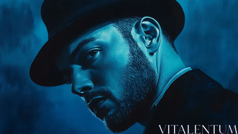 Bearded man in hat rendered in cool blue digital portrait.