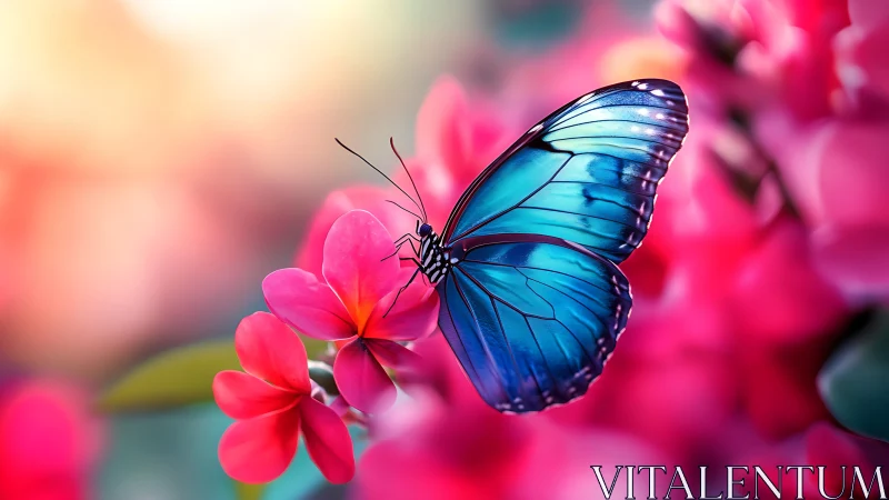 Blue butterfly resting on vivid pink blossoms in soft light.