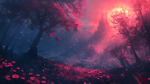 Dense forest landscape under intense pink misty light.