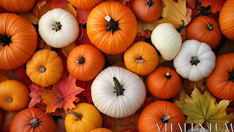 Vibrant autumn pumpkins rest over a bed of colorful leaves